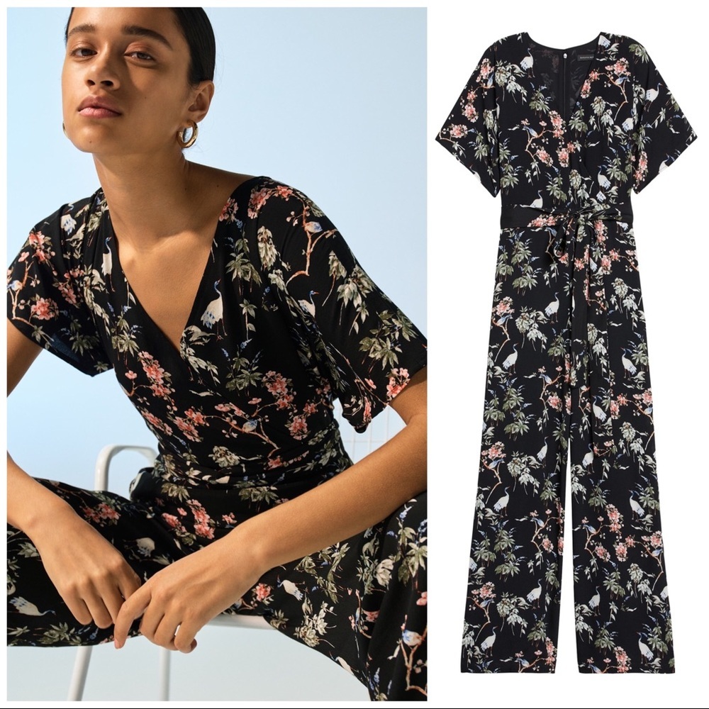 Banana Republic Dolman Sleeve Jumpsuit Black Floral Crane Print One Piece Size 4